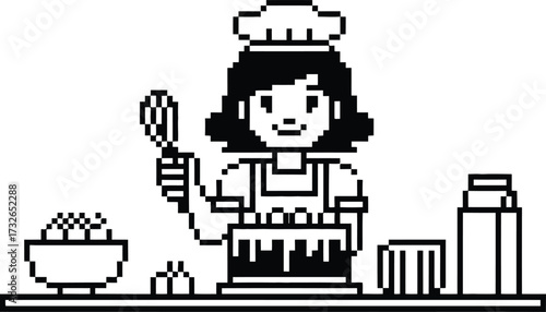 Cartoon baker woman decorating a cake with frosting and sprinkles