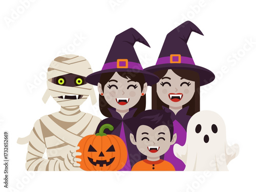 Halloween Characters' Festive Gathering: A vibrant illustration of a mummy, witches, vampire, ghost, and jack-o'-lantern, coming together to bring the thrill of Halloween to life.