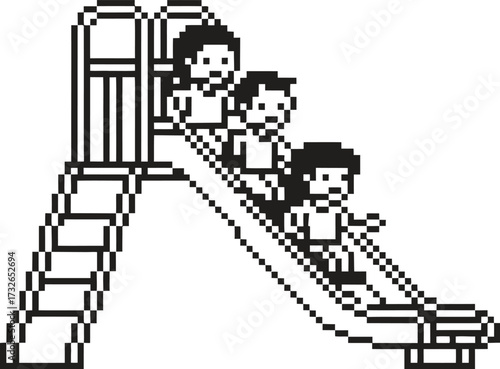 Pixel art illustration of three children sliding down a playground slide