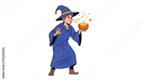 Wizard's Magical Pumpkin: A young wizard conjures an enchanting pumpkin with sparkles, creating an aura of mystical power. The image brings to life magic and fantasy.