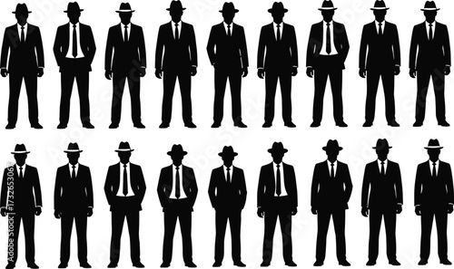 Businessman silhouette grid, fedora suit icons, formal standing pose, black figures, vintage corporate style, isolated white background, professional attire collection