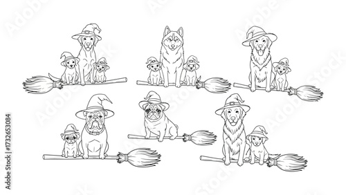 Whimsical Witches' Gathering: Adorable cartoon of dogs dressed as witches are poised on broomsticks, ready for a spellbinding celebration. A charming and fun Halloween-themed drawing.