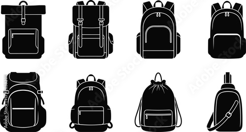 Collection of black and white backpack silhouettes featuring diverse designs, travel bags, school packs, hiking gear, and modern lifestyle accessories.