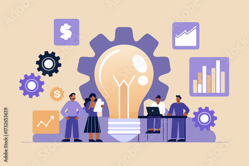 Diverse team collaborating on a business idea with a giant lightbulb and financial graphics
