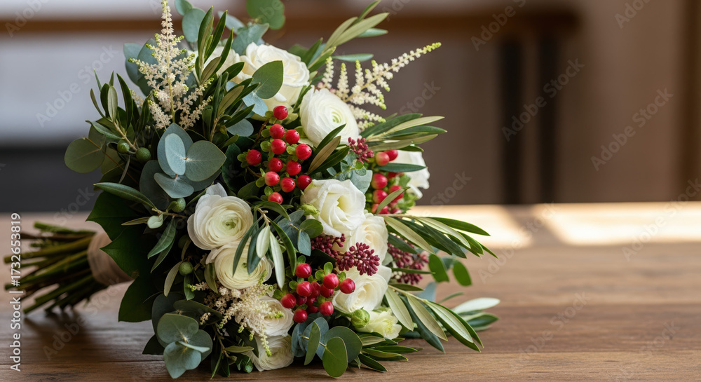 Fototapeta premium Elegant bouquet with greenery and berries lying on wooden surface creates fresh and natural mood. This elegant bouquet arrangement features lush foliage, delicate white flowers,
