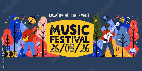 Vibrant music festival banner with musicians playing guitars and festive decorations