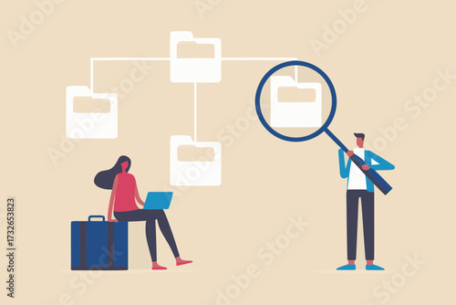People organizing and searching through digital files and data folders with a laptop and magnifying glass