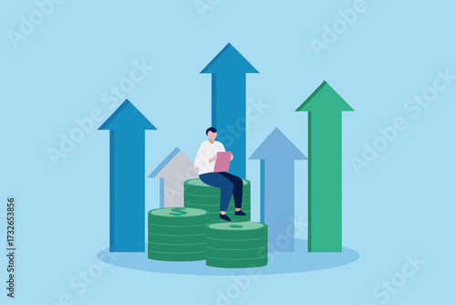 Man sitting on stacked money bills surrounded by upward trending arrows symbolizing financial growth and success