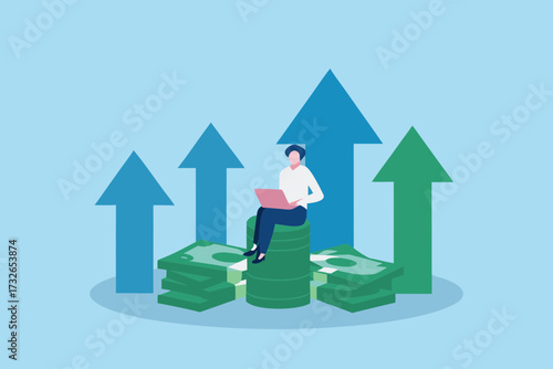 Person sitting on stack of money using laptop with upward trending arrows indicating financial growth