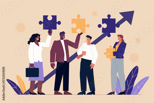 Diverse team collaborating and connecting puzzle pieces to achieve business growth and success