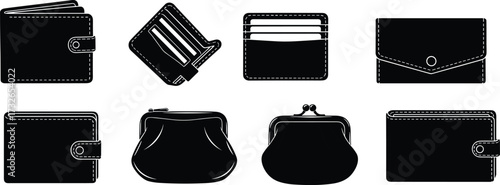 Collection of black wallet and coin purse illustrations with stitching detail, including bi-fold, cardholder, and clasp styles for fashion design