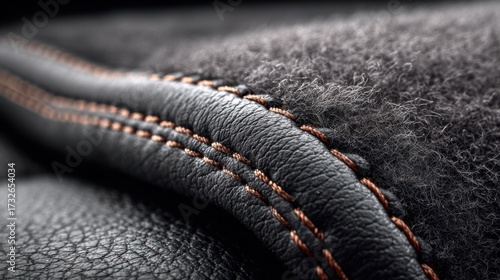 Closeup medium shot showcasing duallayer hybrid leather emphasizing the stitching and tactility of natural leather combined with synthetic backing blurred out.