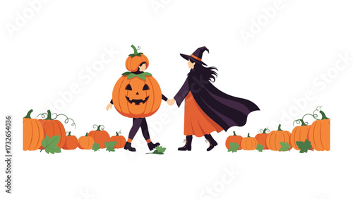 Spooky Walk: A friendly pumpkin person and a charming witch stroll together amidst a vibrant display of pumpkins, setting a playful scene for Halloween's festivities.