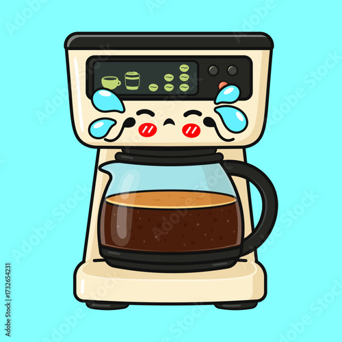 Cute coffee maker crying sad anthropomorphic cartoon