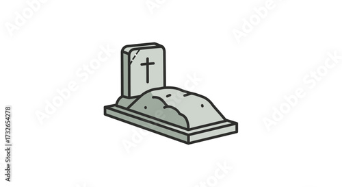 Solemn tombstone with cross and mound of earth, symbolizing remembrance and eternal rest in a peaceful cemetery setting.