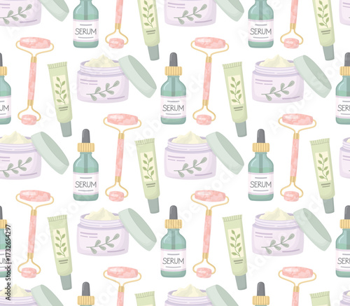Seamless pattern with cosmetic products. Background of cosmetic serum, face cream and rose quartz facial roller.