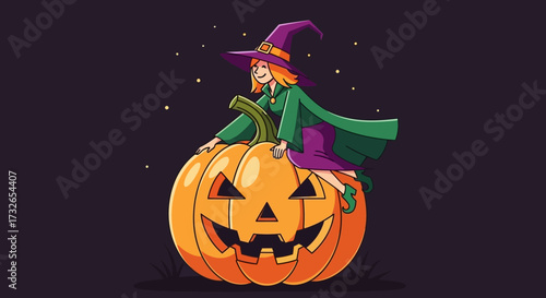 Whimsical witch joyfully rides giant jack-o-lantern under starry night sky, perfect for festive Halloween promotions