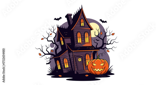 Spooky haunted house with glowing windows and grinning jack-o'-lantern under a full moon with flying bats, perfect for Halloween celebrations