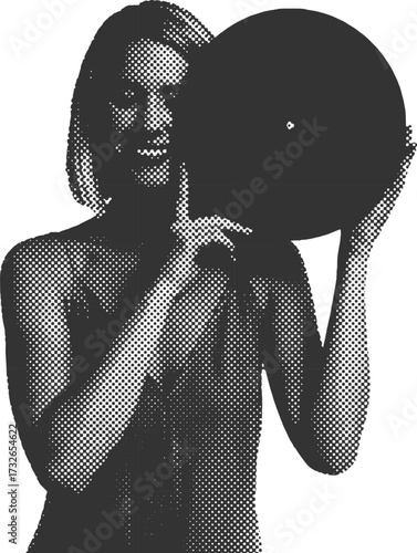 Woman holding a vinyl record. Retro halftone dot style vector illustration of a music lover with a classic album. Vintage black and white pop-art graphic design.