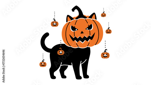 Mysterious Halloween feline: A captivating and whimsical Halloween scene featuring a sleek black cat with a carved pumpkin head, evoking an atmosphere of playful spookiness.