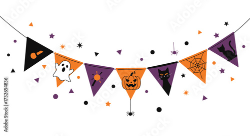 Spooky Halloween bunting featuring ghosts, black cats, pumpkins, spiders, and bats instantly brightens any festive celebration or party decor.