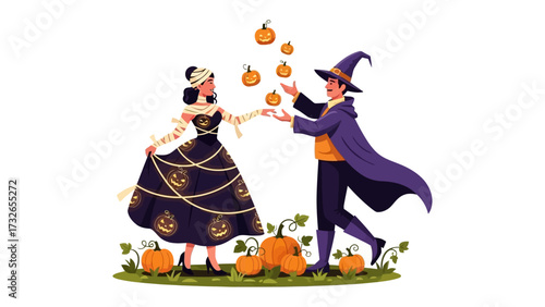 Halloween Festive Illustration:  A couple adorned in fanciful Halloween costumes revels in the joyous embrace of the season. pumpkins cascade overhead, a celebration of Halloween's spirit.