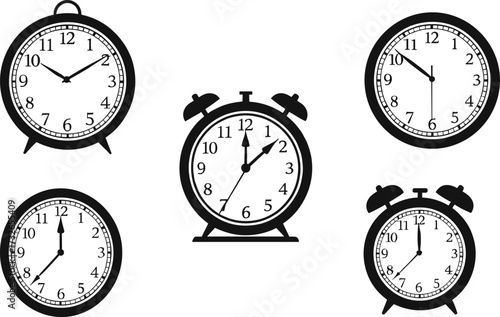 Collection of vintage and modern analog clocks showing different times, isolated on white background, perfect for education, design, and time concepts