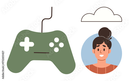 Green gaming controller, smiling female avatar, cloud symbol signify gaming, online engagement, connectivity, tech interface, user interaction, entertainment, modern communication simple flat