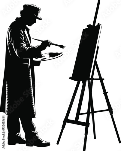 Artist painting silhouette, painter with easel, creative artwork process, traditional art illustration, black and white design, artistic expression, fine art creativity