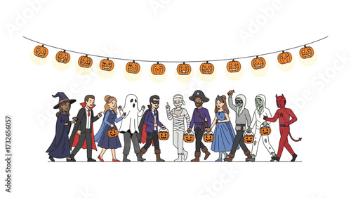 Trick-or-Treaters on Parade: A charming procession of costumed children, illuminated by festive pumpkin lights, embark on a joyous Halloween adventure, embracing the spirit of playful festivity.
