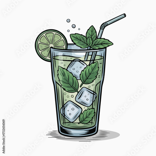 Cold mojito cocktail drink with fresh lime, mint leaves, and ice in a glass, isolated on white