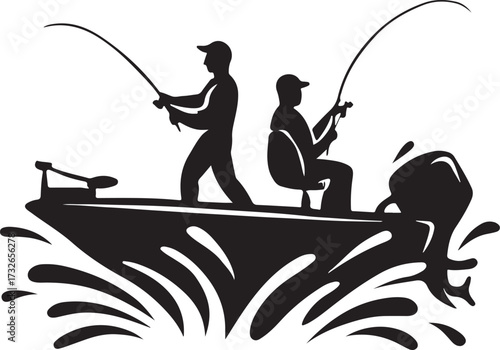A vector silhouette of two men fishing on a bass boat.
