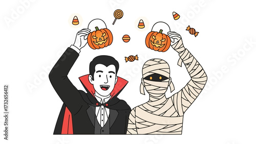 Halloween Costumes with Halloween Theme : Illustration depicts two figures in Halloween costumes, celebrating the spooktacular holiday. A jovial vampire, and an Egyptian mummy.