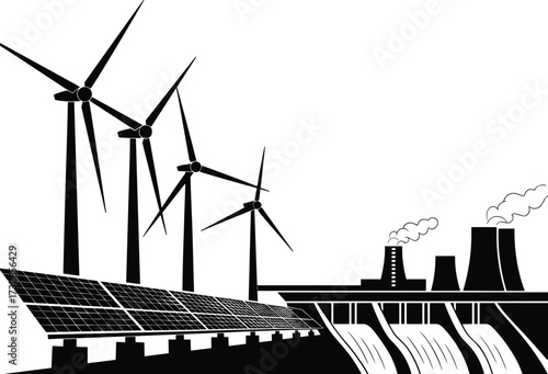 Renewable energy illustration, wind turbines, solar panels, hydroelectric dam, power plant, clean electricity generation, sustainable energy concept, eco-friendly technology, green power