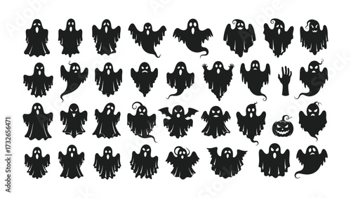 Halloween Ghostly Collection: A collection of various spooky and playful ghost silhouettes ready for Halloween-themed projects. Embracing the eerie and enchanting spirit of the holiday. 