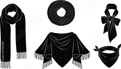 Fashion scarf silhouettes set featuring shawl, bandana, infinity loop, bow tie, and winter wrap styles for apparel design
