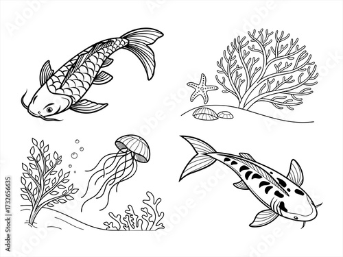 coloring page line art the sea fan black vector bundle