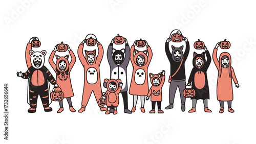 Halloween Fun: Children in animal costumes and pumpkin are celebrating Halloween in cheerful festive mood.