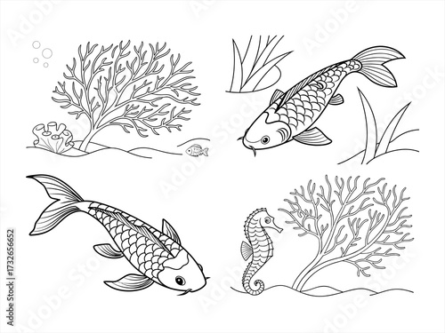 coloring page line art the sea fan black vector bundle