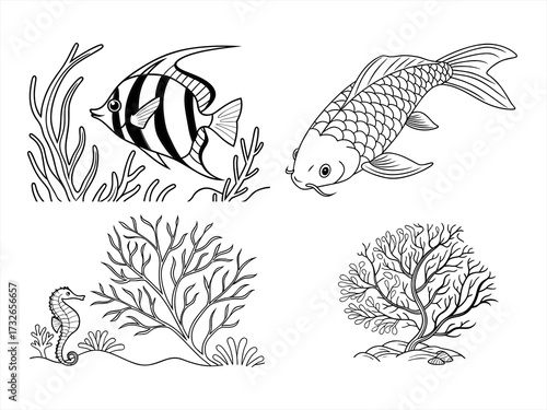 coloring page line art the sea fan black vector bundle