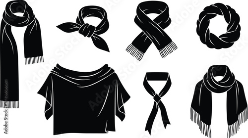 Fashion vector illustration of seven stylish scarf tying techniques, showcasing modern neckwear draping, knots, and shawl styles for versatility