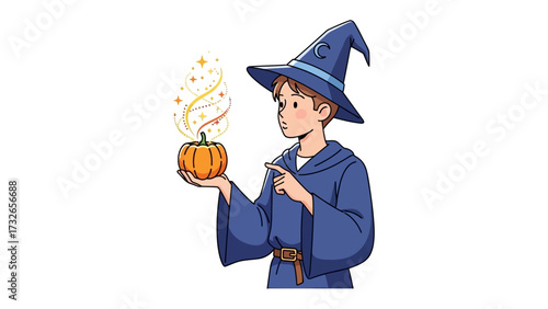 Wizard and Magic Pumpkin: A young wizard, clad in a blue robe and hat, conjures whimsical magic from a small pumpkin, creating a visually striking scene.
