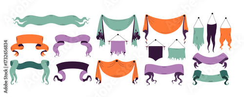 Big set of Halloween decorative multicolored ribbons and ragged banners. Perfect for eerie party decor, haunted house design, poster, invitation and spooky seasonal project. Vector flat illustration.