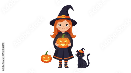Spooky Halloween Witch & Friends: A charming cartoon depiction of a young witch with a carved pumpkin, accompanied by a cheerful black cat, embodies the magic and wonder of the Halloween holiday.