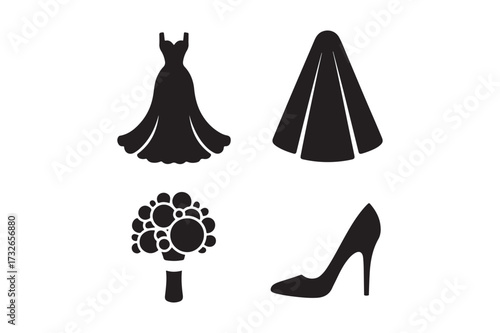 Wedding attire icons dress veil bouquet and high heel shoe