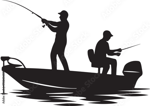 A vector silhouette of two men fishing on a bass boat.