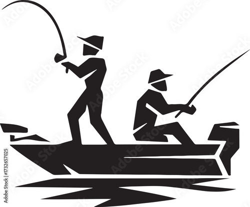 A vector silhouette of two men fishing on a bass boat.