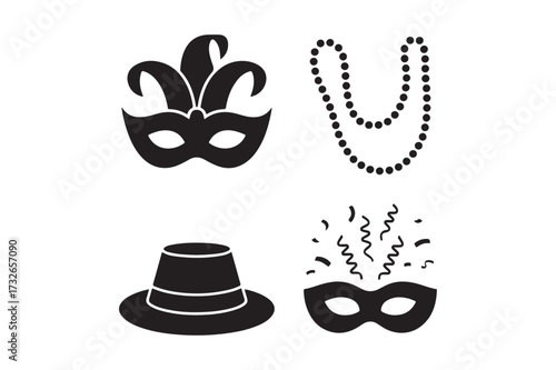 Mardi gras icons featuring masks hats and beads