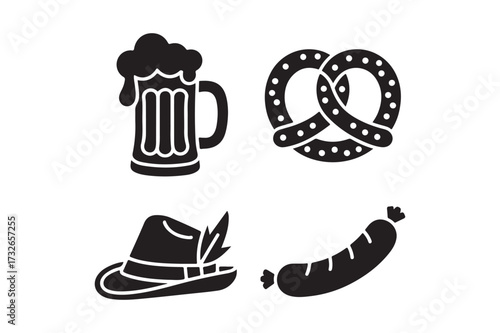 Oktoberfest icons beer pretzel hat and sausage symbols