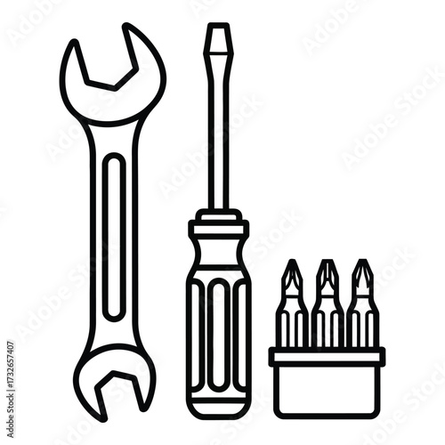 Vector art of assorted hand tools including wrench, screwdriver, and drill bits